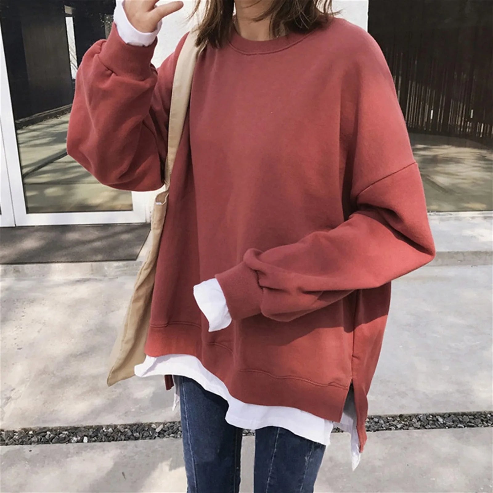 High Street Student Y2k Clothing Long Sleeve Solid Color Sweatshirts Round Neck Vintage New Top Fake Two Items Loose Streetwear