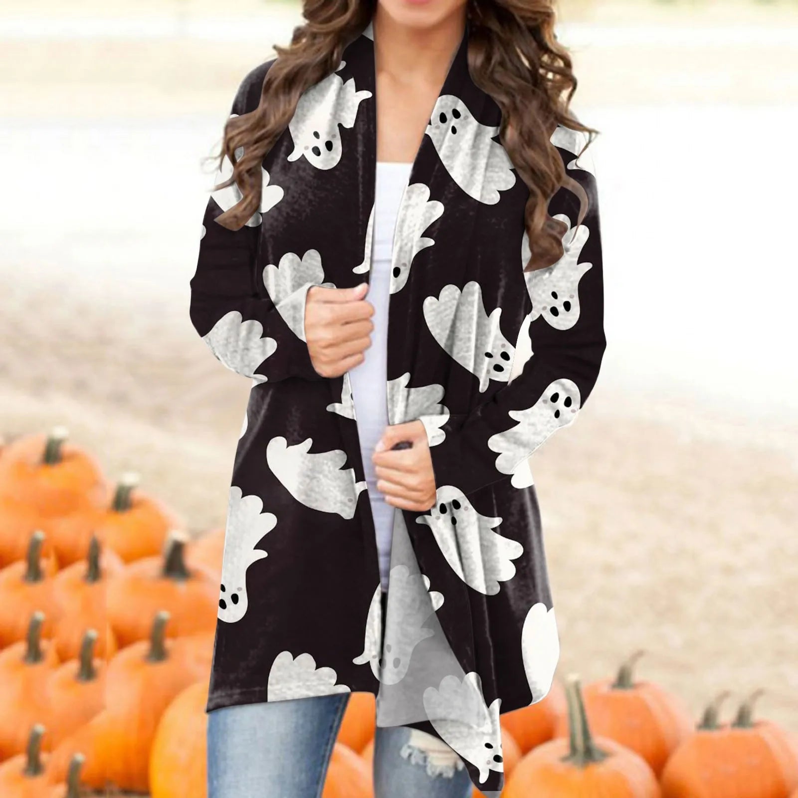 Halloween Cute Cartoon Printed Cardigan V Neck Trendy Early Autumn Outerwear Loose Harajuku Long Sleeve Sweatshirt