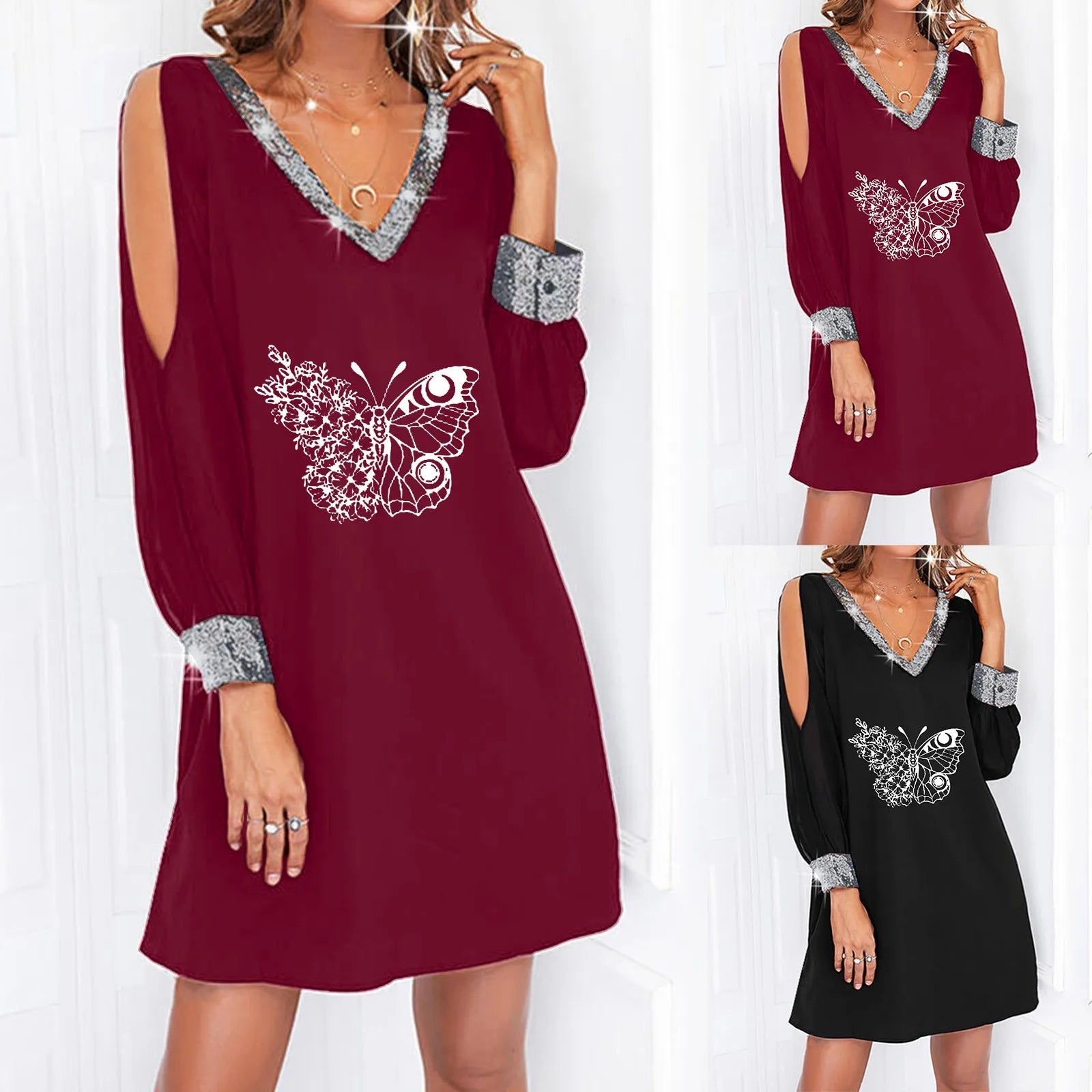 Summer Dresses With Pockets For Women Women V Neck Dress Paillette Long Sleeve Butterfly Print Off Small Dresses For Women