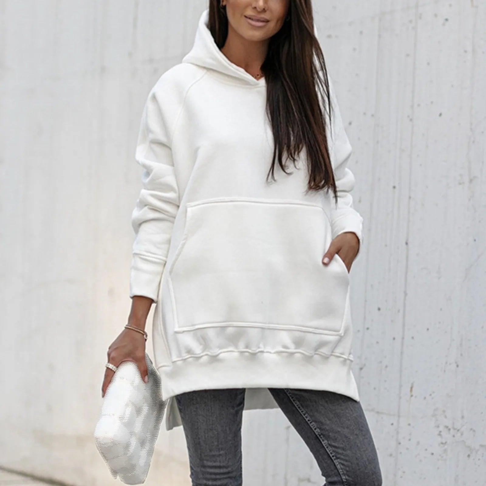 Women Casual Split  Long Top Solid Color Hip Hop Street Female Hoodies Fashion Oversize Loose New Sweatshirts