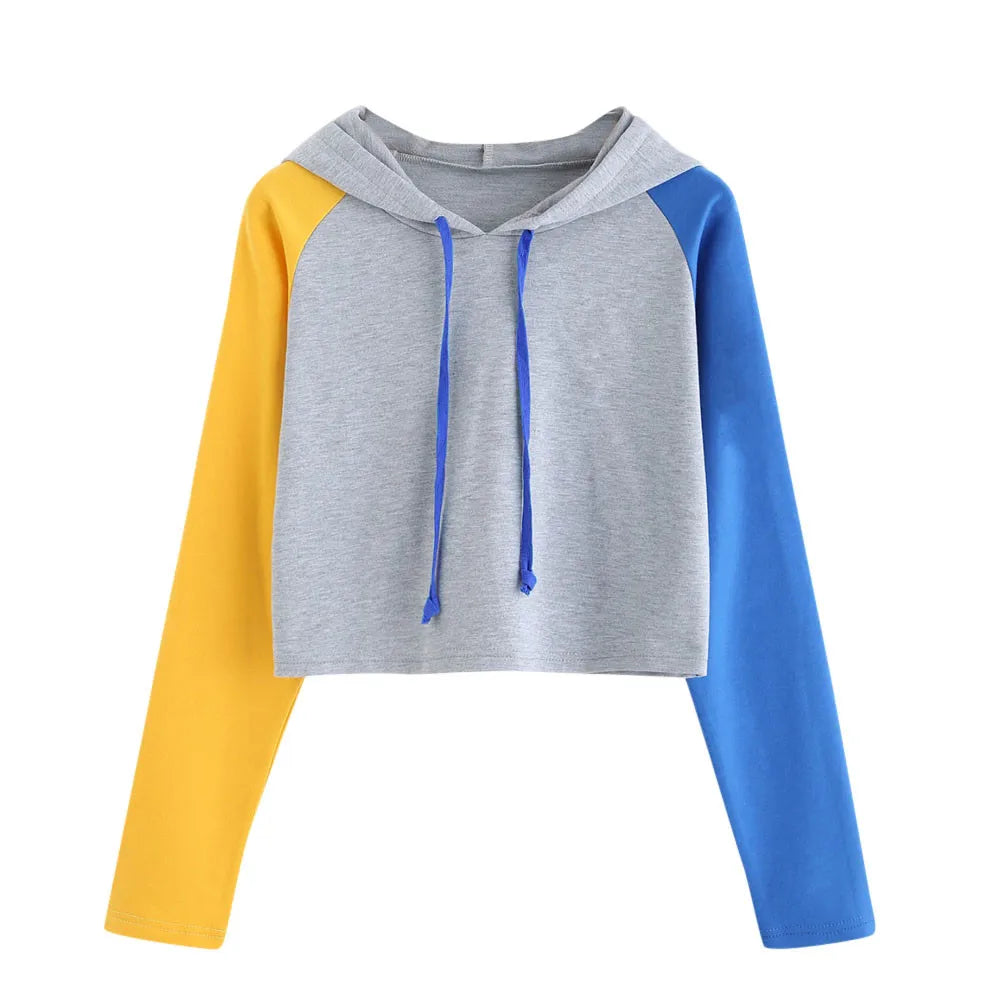 Splicing Color Long Sleeve Hoodies Hip Hop Oversized Hoody Sweatshirt Casual Loose Crewneck Fleece Cropped Hoodie Ropa De Mujer