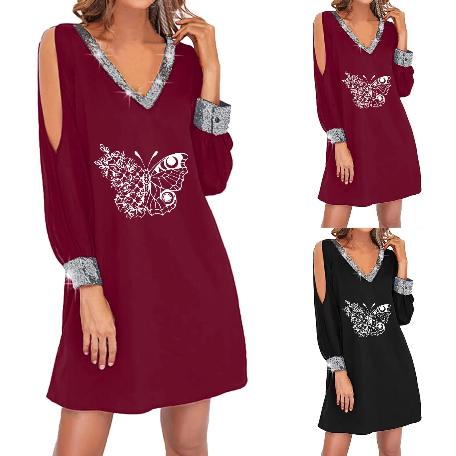 Summer Dresses With Pockets For Women Women V Neck Dress Paillette Long Sleeve Butterfly Print Off Small Dresses For Women