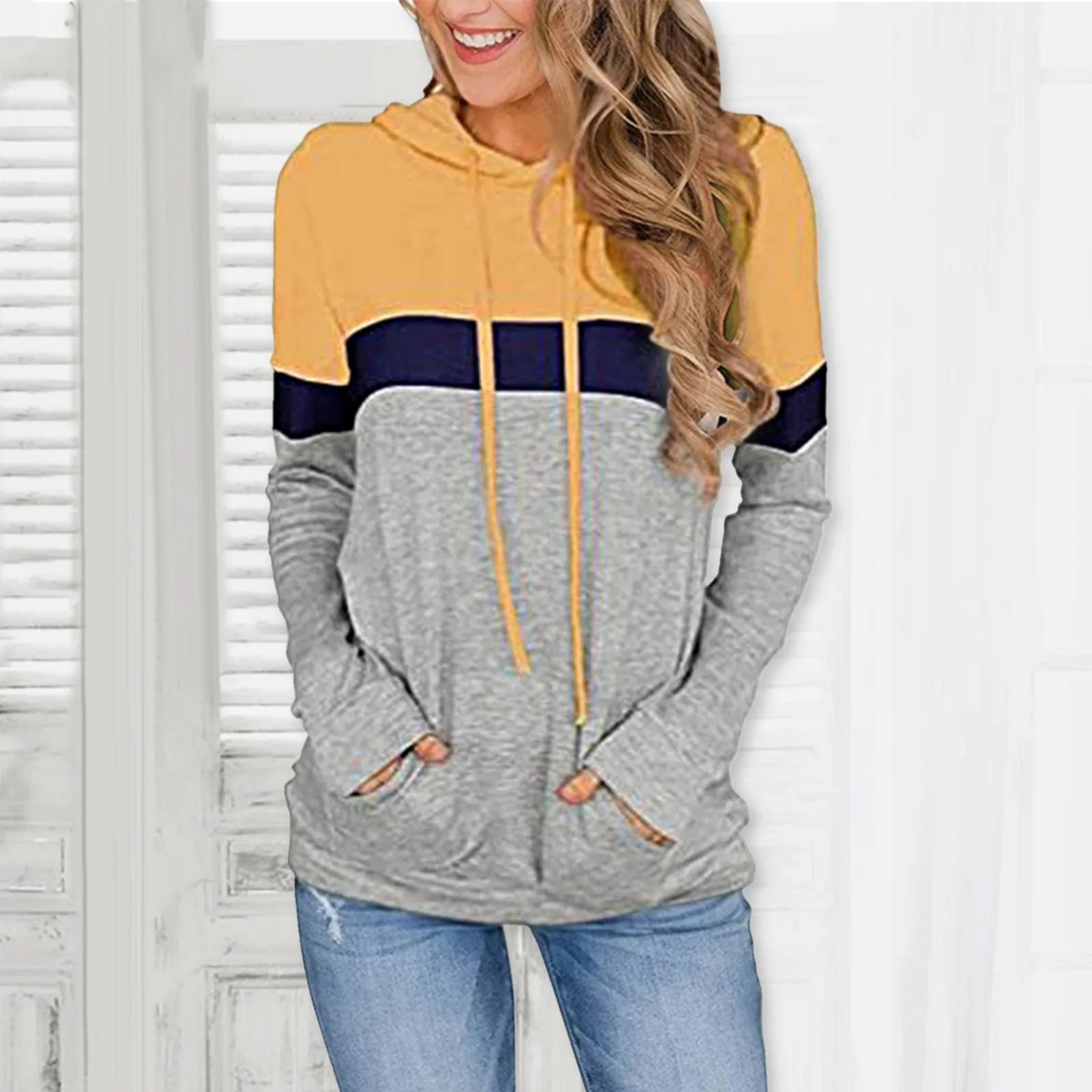 Ladies Casual Long Sleeve Hoodie Pullover Autumn Female Fleece Splicing Color Top Korean Trend Woman Sweatshirts