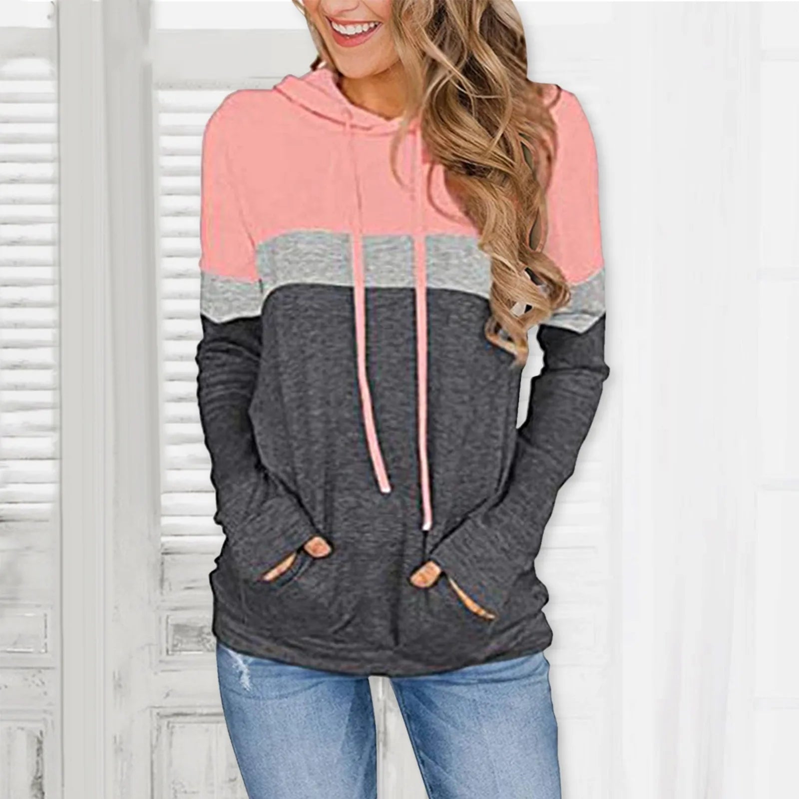 Ladies Casual Long Sleeve Hoodie Pullover Autumn Female Fleece Splicing Color Top Korean Trend Woman Sweatshirts